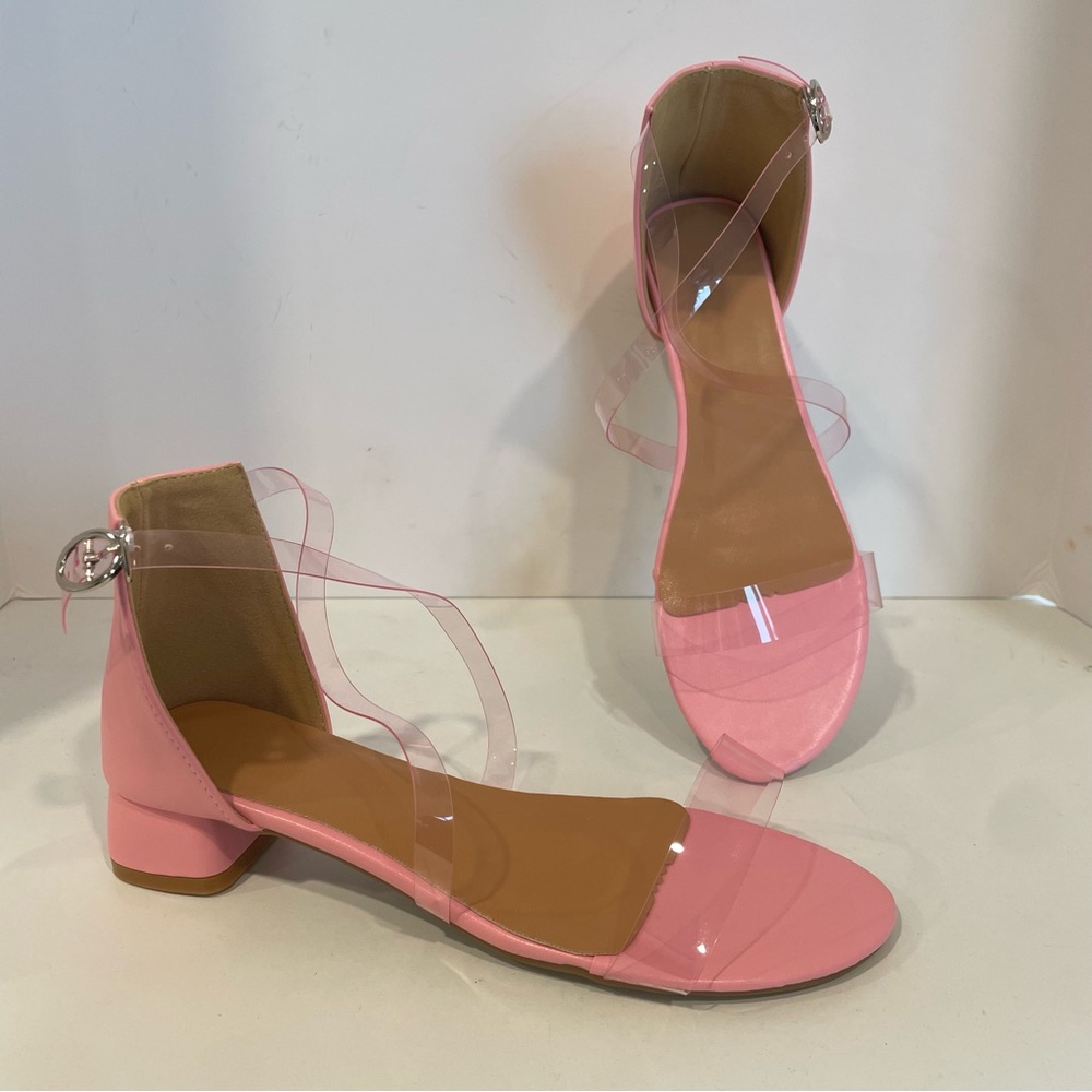 Pink Block Heel Sandal Buckle Accent‎ Clear Crisscross Strap Girls Size 4 US - Picture 2 of 7